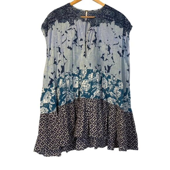 Free People Gotta Have You Blue Floral Tunic L Bohemian Flowy Boho Tiered - Picture 3 of 6